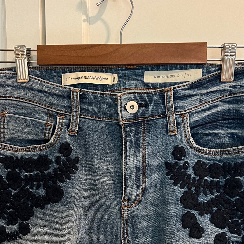 Pilcro Slim Boyfriend Jeans with Navy Floral Embroidery - vintage